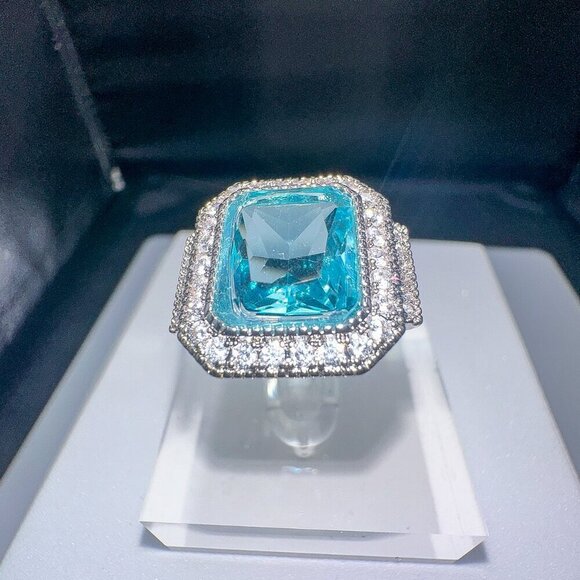 Aquamarine and Cubic Zirconia Ring, Silver, Women's Size Various - Picture 4 of 4